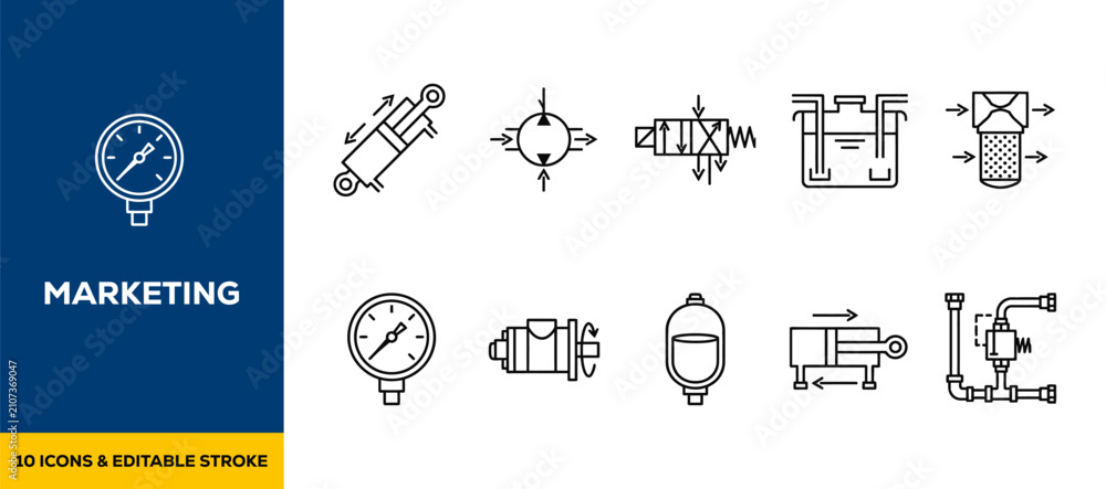 Fototapeta premium Pressure Gauges Analog Meters and Industrial Fluid Control Symbols Flat Vector Illustration Icon Bundle Set High Resolution