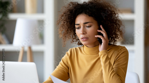 Frustrated woman talking to a debt collector, financial stress and legal collection concept, with copy space