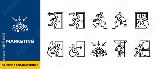 Fotografie Emergency Exit Safety Signs and Fire Evacuation Route Symbols Flat Vector Illust