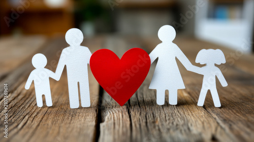 Heart-shaped family figures on wood. Wooden table shows white figures of a family with a red heart in the center. The scene reflects unity and connection.