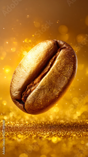 Coffee bean floating in golden light. A coffee bean is floating above a glittering surface in a warm gold light.