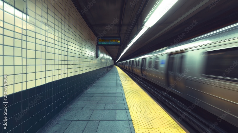 Obraz premium Speeding train in underground subway station with empty platform