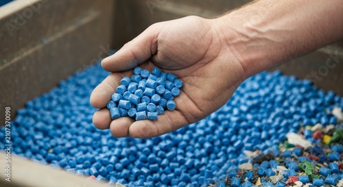 Close up of hand holding blue plastic regrind pellets over container of processed recycled material