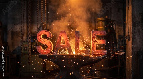 Fiery 'SALE' sign illuminated by sparks and glowing heat, set against a blacksmith's workshop backdrop