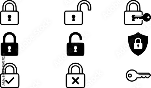 Lock and unlock icon set with closed and open padlock symbols. Outline and solid styles for security, access control, password protection, authentication systems, privacy settings and user interface. 
