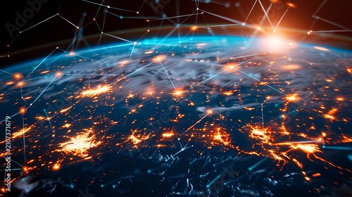 Blue digital earth globe with bright orange network lines representing global connectivity