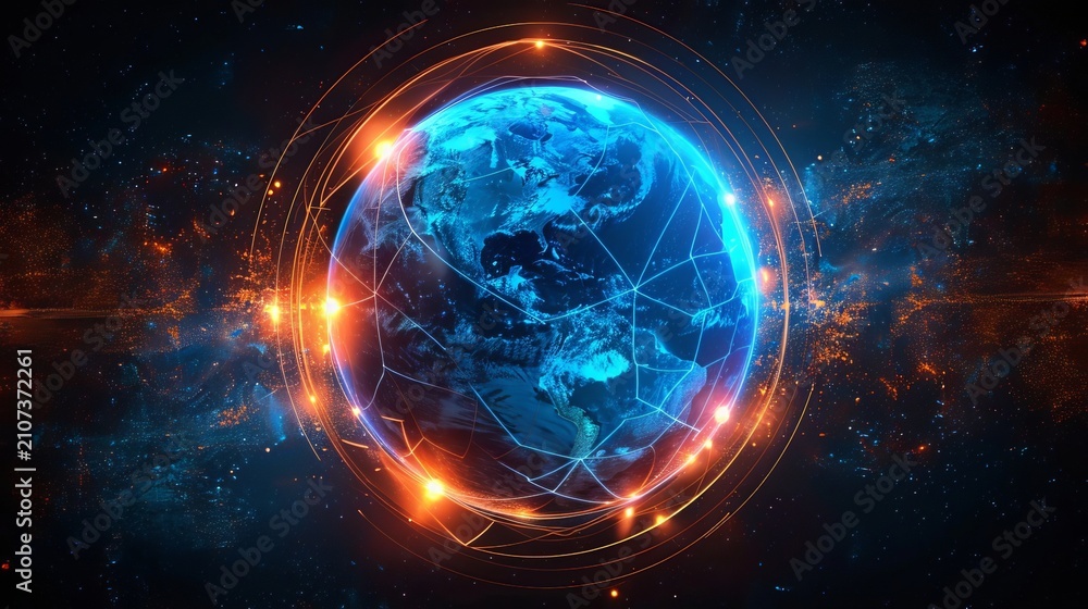 Naklejka premium Illuminated blue digital globe featuring radiant orange connection lines across the surface