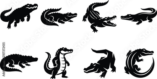 Set of alligator and crocodile silhouette illustrations