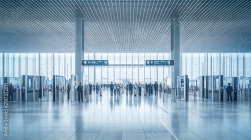Modern airport terminal interior with illuminated ceiling and reflections