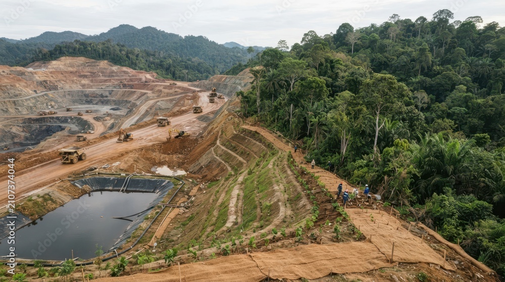 Obraz premium Tropical mining edge with haul trucks, sediment pond, replanting rows, erosion control mats, and tree seedlings beside conservation land