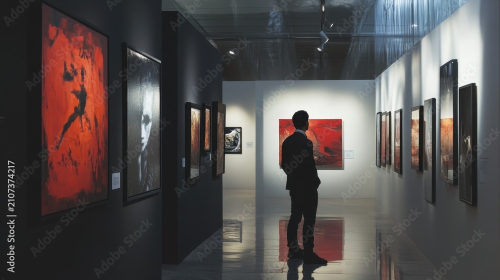 Fototapeta premium Contemporary art gallery visit with diverse viewers observing modern exhibits
