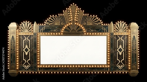 Art deco theater marquee with blank screen and glowing lights