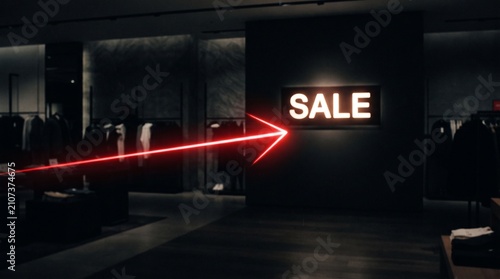 A bright red arrow points towards a glowing SALE sign in a dark, upscale boutique, creating a dramatic visual for a retail promotion.