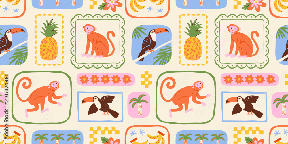 Fototapeta premium Retro hand drawn tropical summer seamless pattern. Traditional patchwork style background illustration. Vintage exotic nature textile print, jungle animal texture with monkey, toucan, palm tree.