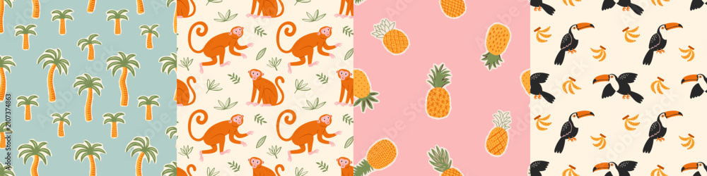 Obraz premium Retro hand drawn tropical summer seamless pattern set. Cartoon style background illustration. Vintage exotic nature textile print collection. Jungle animal texture with monkey, palm tree.