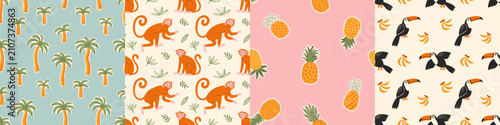 Retro hand drawn tropical summer seamless pattern set. Cartoon style background illustration. Vintage exotic nature textile print collection. Jungle animal texture with monkey, palm tree.