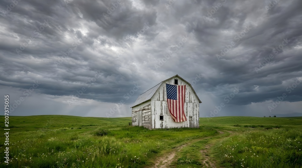 Obraz premium White barn with American flag in field under stormy sky