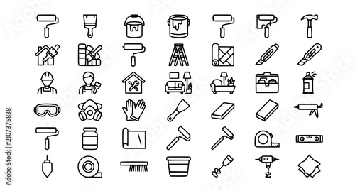 Fotografie Paint Roller Painting Tools Editable Line Icon Vector Set