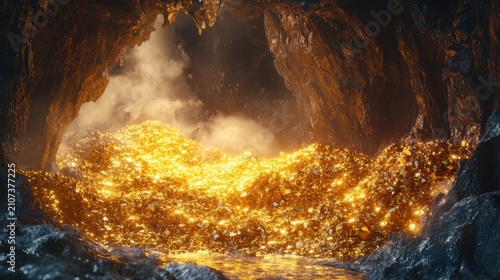 Ferocious dragon guarding glowing treasure in mysterious cave