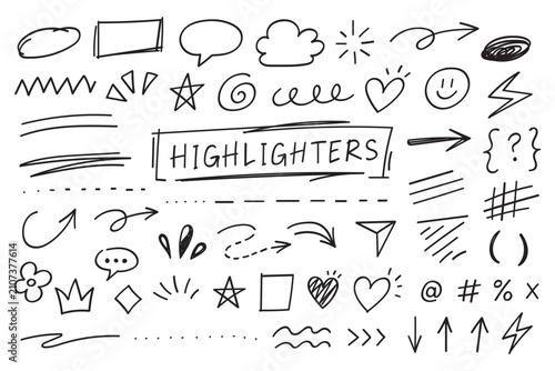 Hand drawn black pen collection showing round circle underline marks with doodle lines and strokes accents forming vector set kit bundle designed to highlight text through scribble oval line style.
