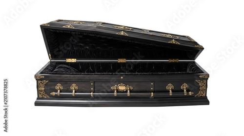 Open black coffin for Halloween. Gothic casket on a isolated transparent background png.