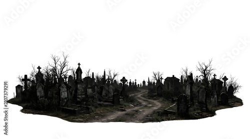 Spooky graveyard landscape. Scary cemetery scene on a isolated transparent background png