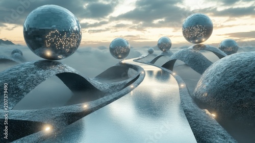 Mystical forest path with glowing spheres and rings at twilight