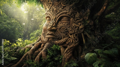 Intricately carved tree trunk in enchanting forest pathway