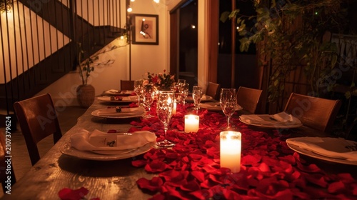 Romantic candlelit dinner with rose petals on wooden table