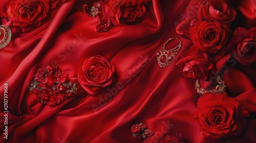 Elegant red jewelry display on satin with rose accents