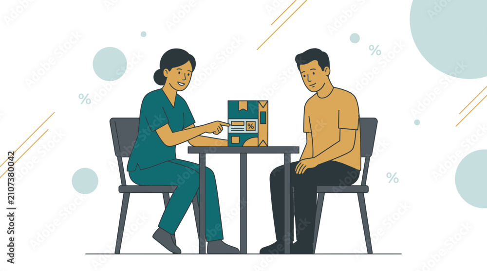 Fototapeta premium Nurse Explains Food Label Nutrition Facts to Patient, Healthcare Education, Dietary Guidance