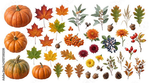 Autumn harvest elements collection. Fall pumpkins and leaves on a isolated transparent background png