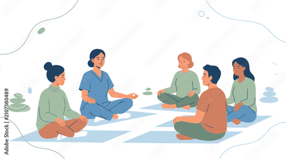 Obraz premium Nurse leads patients in meditation session, promoting wellness and mental health with mindful practice.