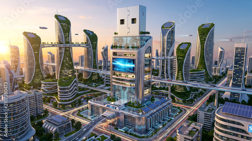 Futuristic smart city skyline with usb shaped skyscraper and green architecture under a warm sunset sky