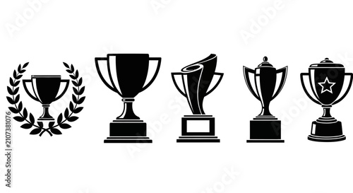 Konstfotografi Trophy cup icon set, black silhouette award symbols for winners, 5 championship