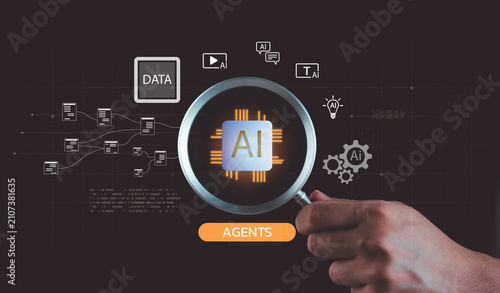 Konstfotografi AI engineer analyzes AI agents intelligent automation, data processing, machine
