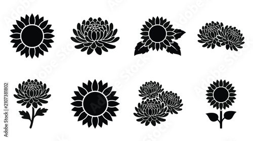 Black silhouette icons of autumn sunflowers and chrysanthemums isolated on white background.