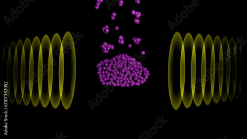 Acoustophoresis of multiple particles within sound field. 3d render illustration.