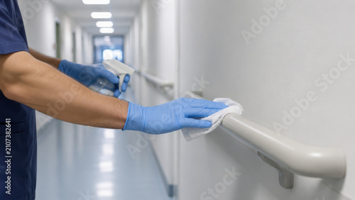 Healthcare worker cleaning facility handrail for sanitation and safety in hospital corridor with blue gloves and disinfectant spray