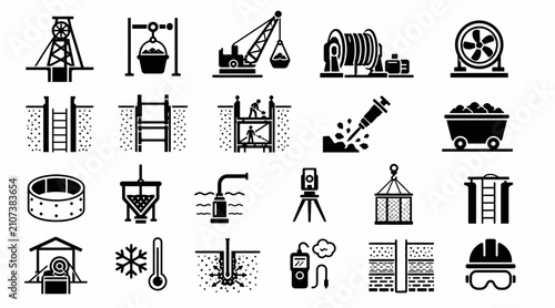 Fotografía Industrial machinery and mining equipment icons set.