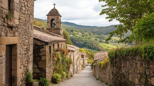 Rustic stone village street in autumn with scenic landscape
