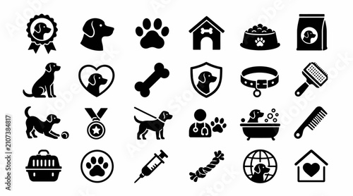 Black and white pet care icon set collection.