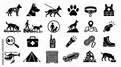 Collection of black icons representing various activities and objects.