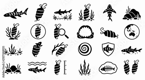 Black and white sea life and insect icons collection.