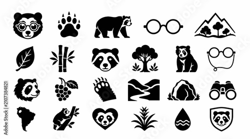 Black and white icons of animals nature and symbols.