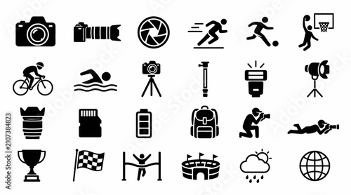 Collection of black icons representing various activities and objects.