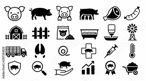 Black and white icons of farm animals and agriculture symbols.