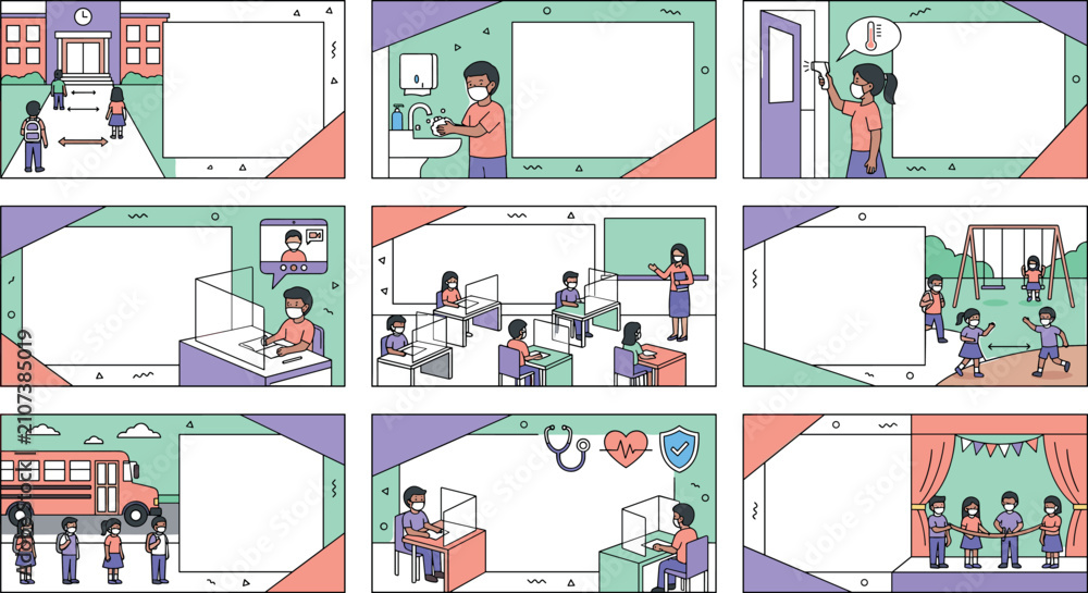 Fototapeta premium School Safety Rules Comic Panel Template Set with Handwashing Temperature Check Classroom Plastic Shields and Transit Layouts for Educational Graphic Designs