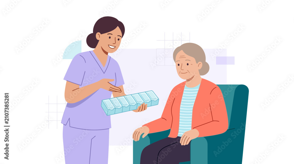 Fototapeta premium Nurse teaching elderly patient about medication and pill organizer, healthcare and support concept
