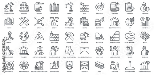 Construction Icon Set. Containing building, project, repair, contractor, property, industrial, architecture Icon. Simple Black Outline Vector 